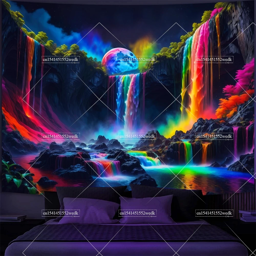 trippy champignon noir lumière tapisserie uv réactif psychédélique lune dortoir