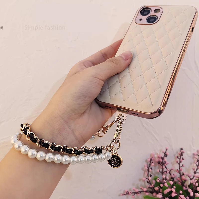 Pearl & Leather Hand-Woven Mobile Wrist Lanyard with Flower Pendant