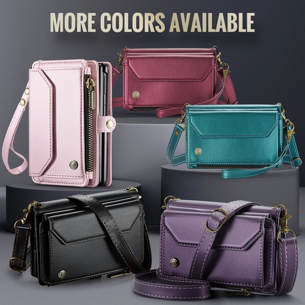 Leather Wallet Phone Case with Stand, Card Pocket & Strap, Magsafe-Compatible, Shockproof Design