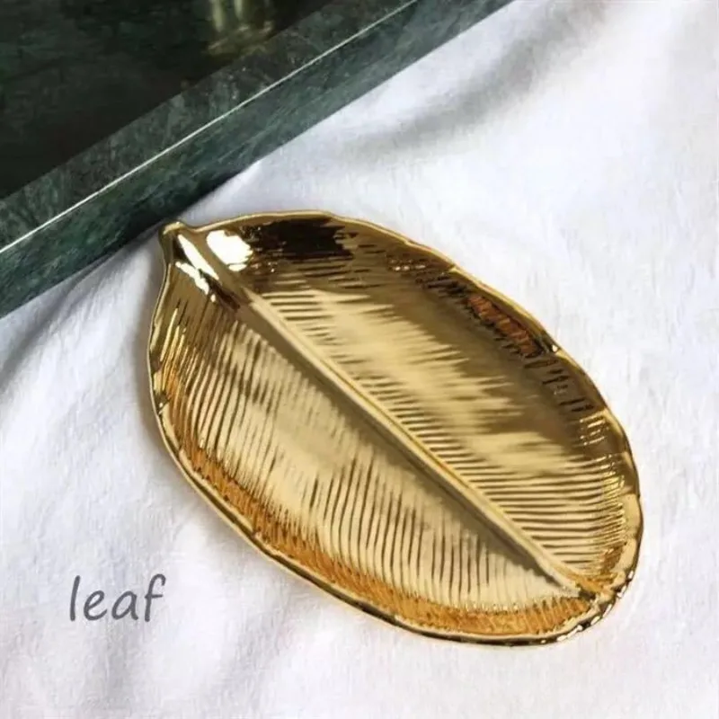 Golden leaf ceramic jewelry tray, cosmetic jewelry storage tray, decorative item tray, home desktop decoration 5