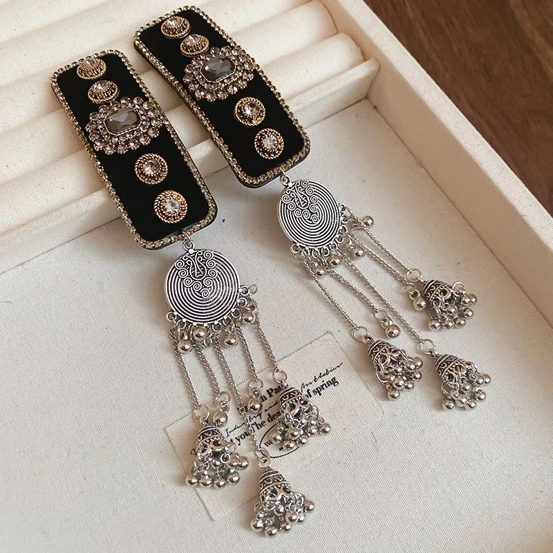 Strass Ethnische Beflockung Quadrat Wasser Tropfen Geometrische Muster Fransen Haar Clips Seite Pony Clip Retro Temperament Zubehör – Detail 11