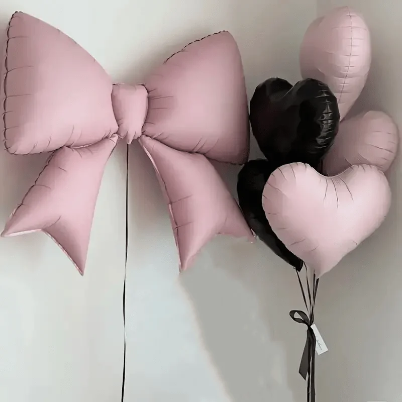 6 Stück Große Herzförmige Folienballons mit Rosa Schleifen für Hochzeit Brautparty Geburtstag Eröffnungsfeier Dekoration – Detail 1