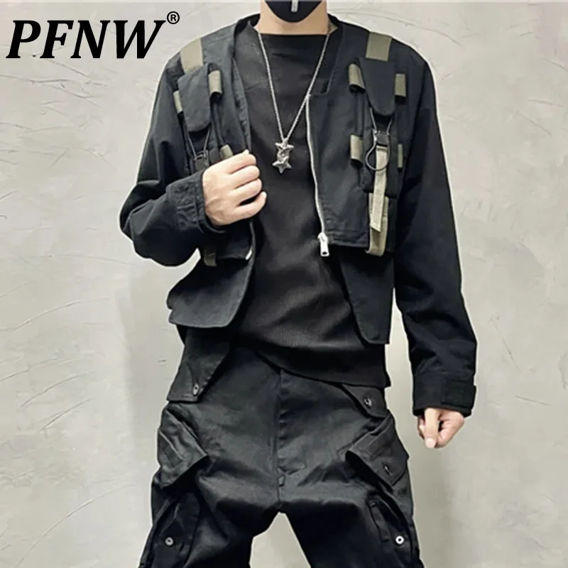 

PFNW Men's Design High Sense Tactical Patchwork Jacket Handsome Shoulder Top Washing Fake Pockets Workwear Clothes Chic 12Z4669
