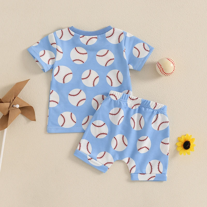 Toddler Baby Boy Shorts Set Baseball Print Short Sleeve T-shirt Elastic Waist Shorts Summer Outfit 2