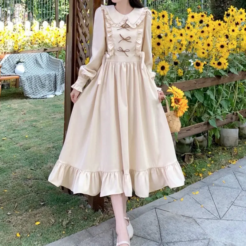 

Sweet Peter Pan Collar Lace Up Bow Folds Ruffles Midi Dress Female Clothing 2024 Spring Summer Loose Princess Sleeve Dresses