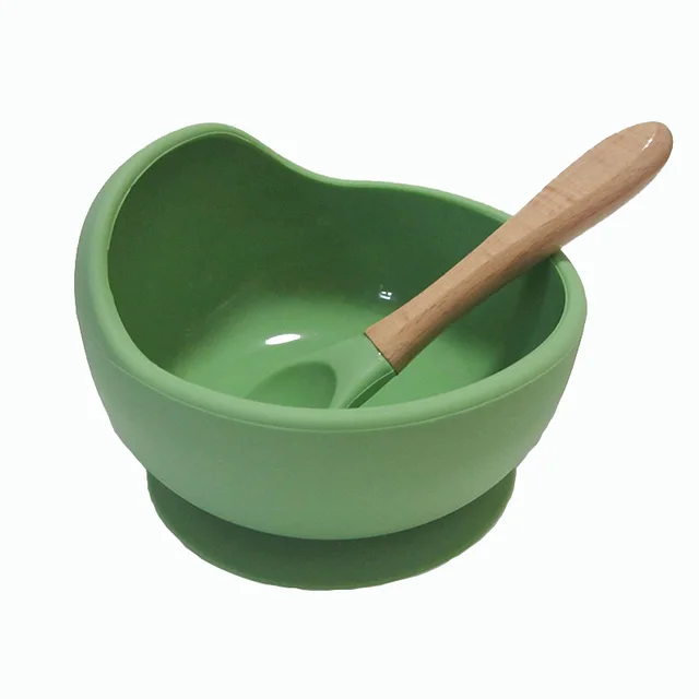 New Colors Feeding Set Food Grade Silicone Bibs Baby Plate Non-silp Suction Bowl Kids Tableware Waterproof Bib BPA Free Spoon Green