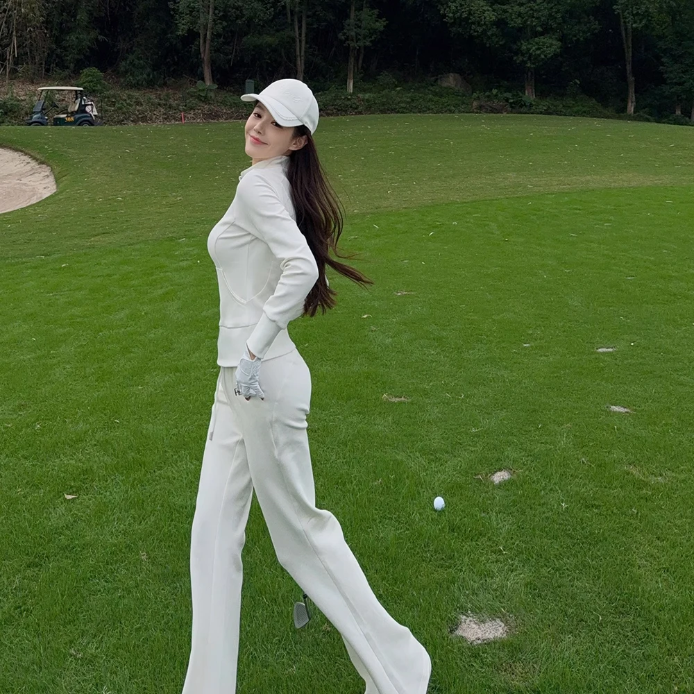 Sports Short Style Coat Golf Suit Zipper Long-sleeved Slim-fit Stand-up Collar Top Stretch Waist Trousers Women's Golf Wear