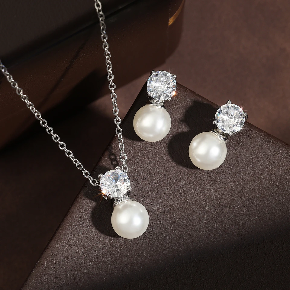 ZAKOL Trendy Round Simulated Pearl Stud Earrings Necklace Set for