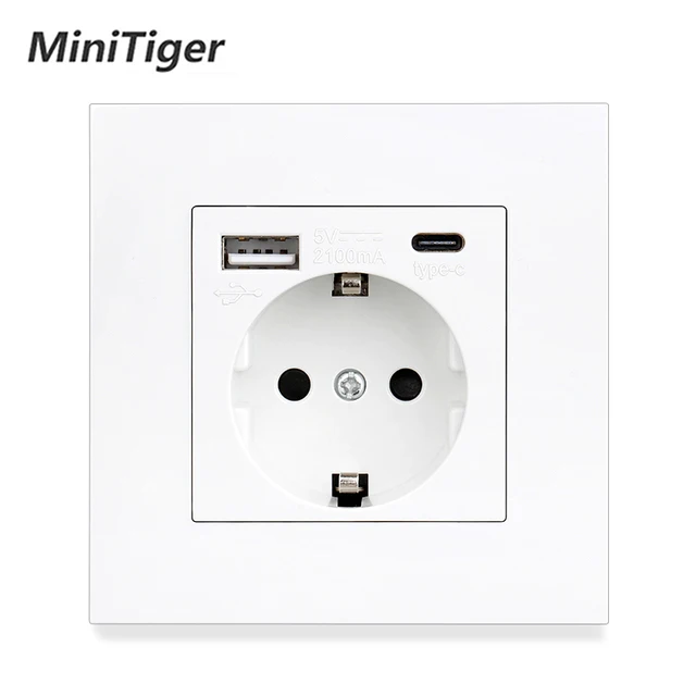  Minitiger USB Power Socket,Glass Panel, Type-C Port,AC 110V-250V 16A Wall Embedded, USB A+C EU Standard Outlet 