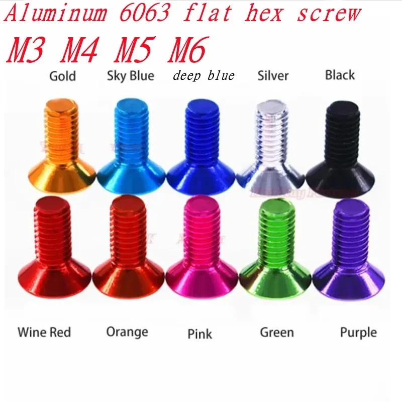Hex Socket Screw 10pcs Aluminum Flat Screws m3 m4 m5x6/8/10/12/14/16 Flat Hex Socket Countersunk head Screws Bolts Anodized Color