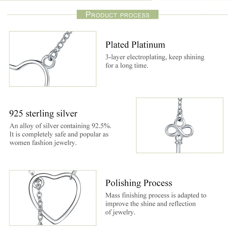 BAMOER 925 Sterling Silver Sweet Key of Heart Lock Link Chain Necklaces & Pendants Women Luxury Sterling Silver Jewelry SCN107