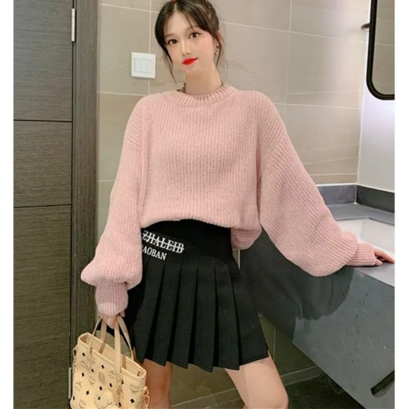 

Chenille Sweater Pullover Lantern Sleeves Versatile Loose and Lazy Autumn/Winter New Knitted O Neck Sweater Pullover Female Top