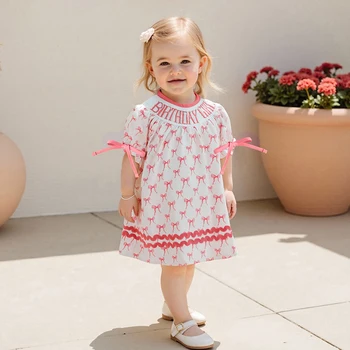 Toddler Girl Birthday Dress with Puff Sleeves and Embroidered Letters Smocked Summer Party Dress for Baby Girls 1