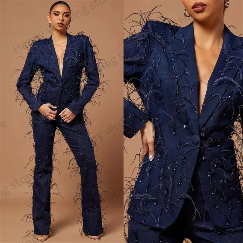 Feather Pearls Navy Blue Women Suit Set Piece Blazer+Pants Chic
