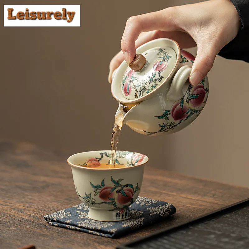 200ml Handmade Ru Kiln Anti Scald Teapot Elegant Nine Peach Hand Grasp Pot Tea Making Kettle With Filter Tea Ceremony Craft Gift