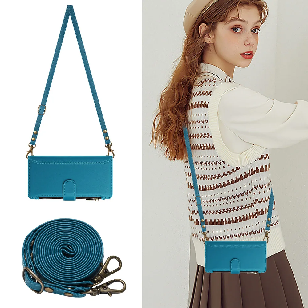 Leather Card Wallet Phone Cover with Wrist Strap and Crossbody Shell