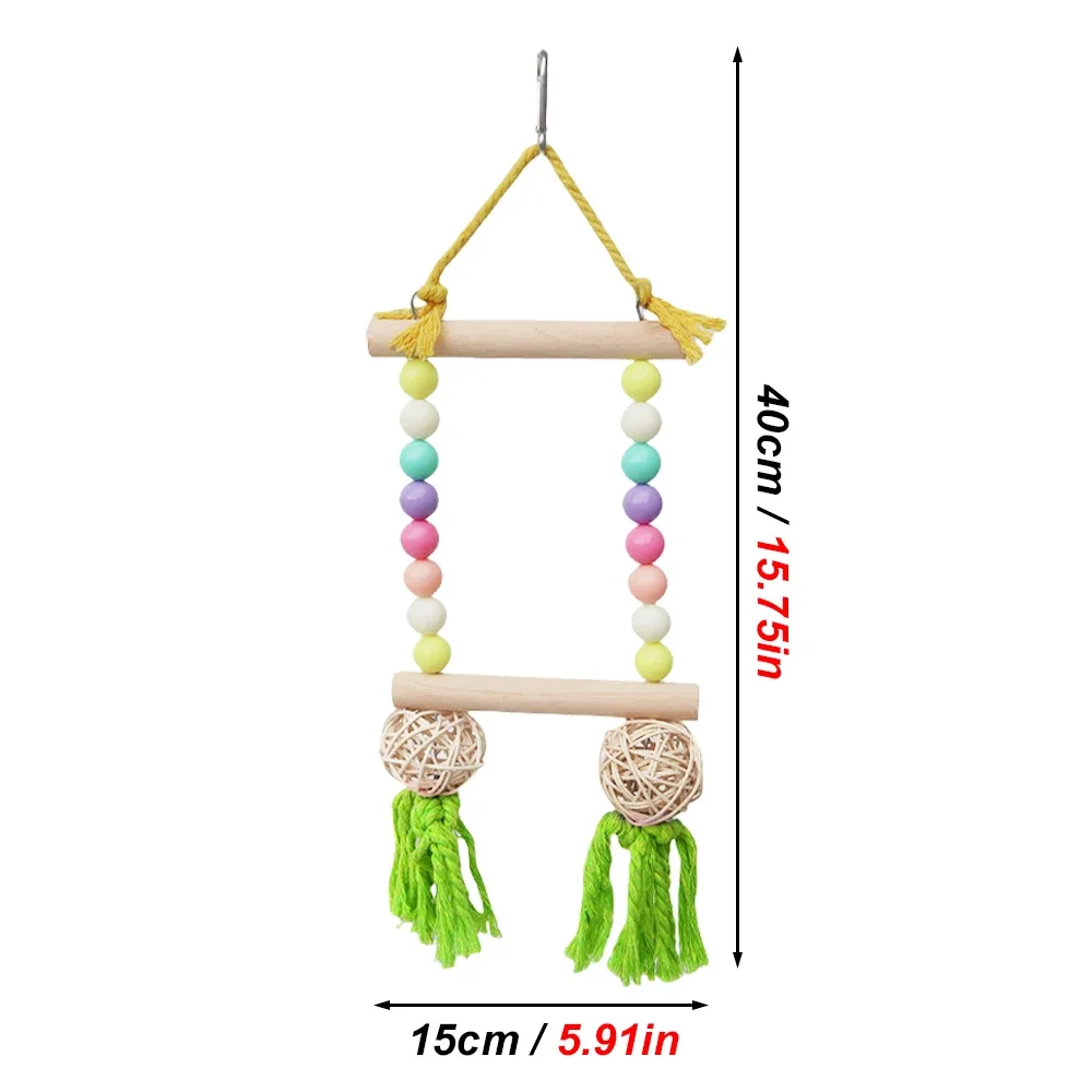 Random Color 1pc Beaded Solid Wood Bird Swing Toy with Bell Perch Claw Care Stand Toy for Parrot BirdCage Decorative Accessories