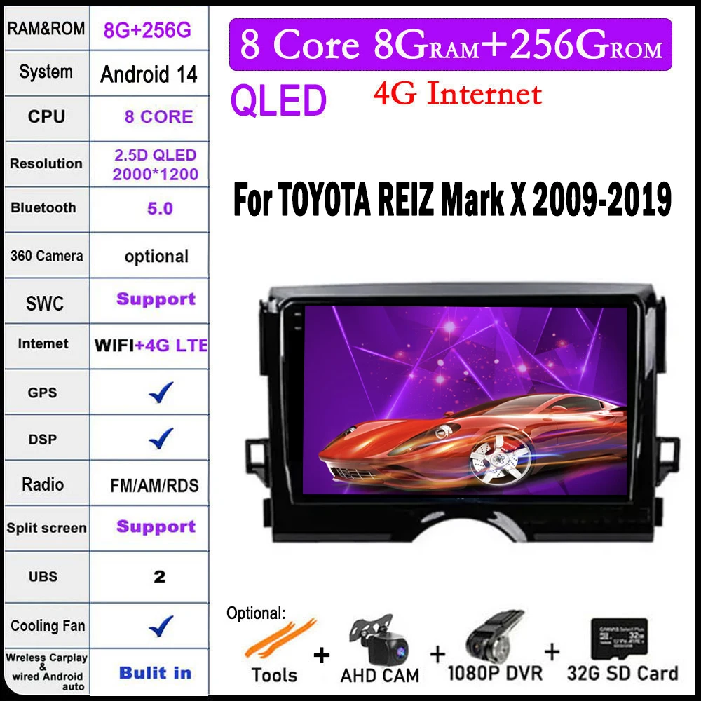 

Android 14 для TOYOTA REIZ Mark X 2009-2019 Автомобильный GPS QLED IPS стерео экран Авто Wifi радио видео мультимедийный плеер навигация