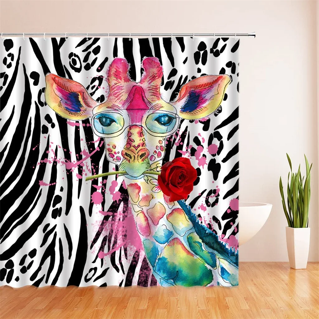 

Funny Wild Animal Giraffe Jungle Safari Tropic Panda Waterproof Shower Curtains Transparant Plastic For Bathroom Set Fabric Hook