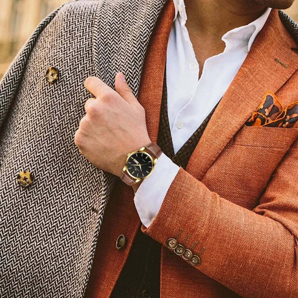 2023 New Men's Business Watch Classic British Style Leather Gold Black Casual Quartz Watch Luxury Glow Men Waterproof Wristwatch 3
