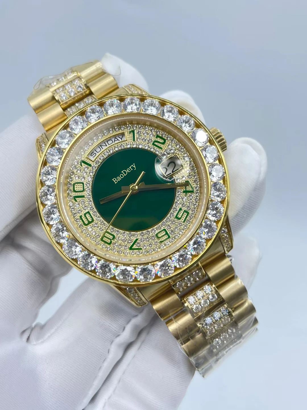 40mm large diamond ring green digital dual calendar,