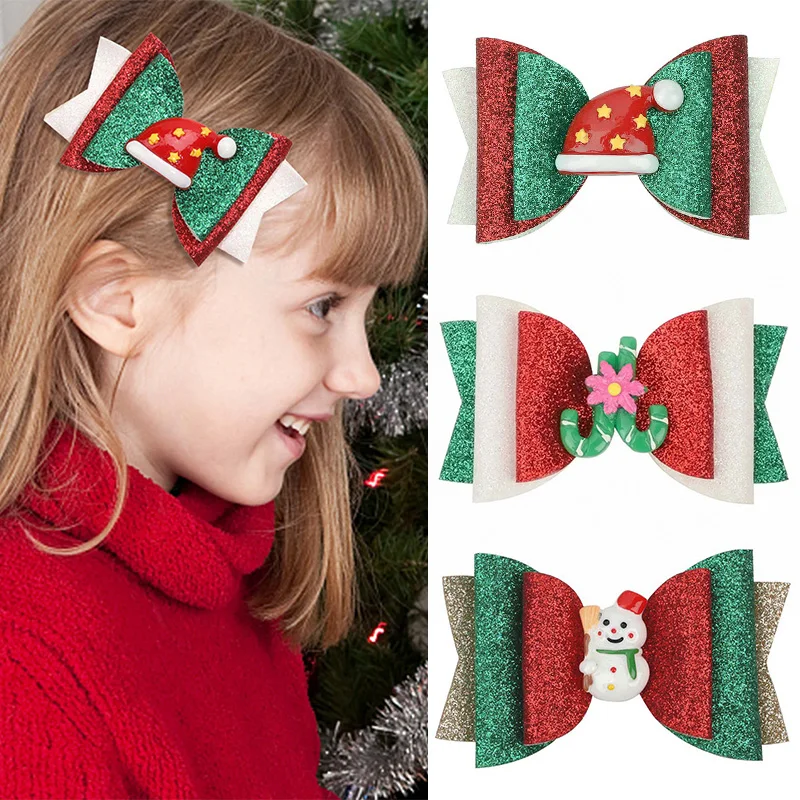 Oaoleer New Christmas Hair Bows Clips For Baby Girls Glitter Santa Hat Snowman Hairpin Barrettes Kids Headdress Hair Accessories