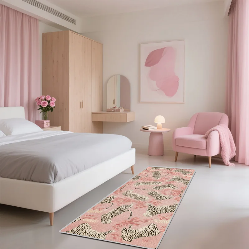 VIKAMA 핑크 레오파드 프린트 러너 러그 관리가 쉬운 입구 복도 매트 침실, 주방 및 발코니 미끄럼 방지 러그 홈 데코레이션