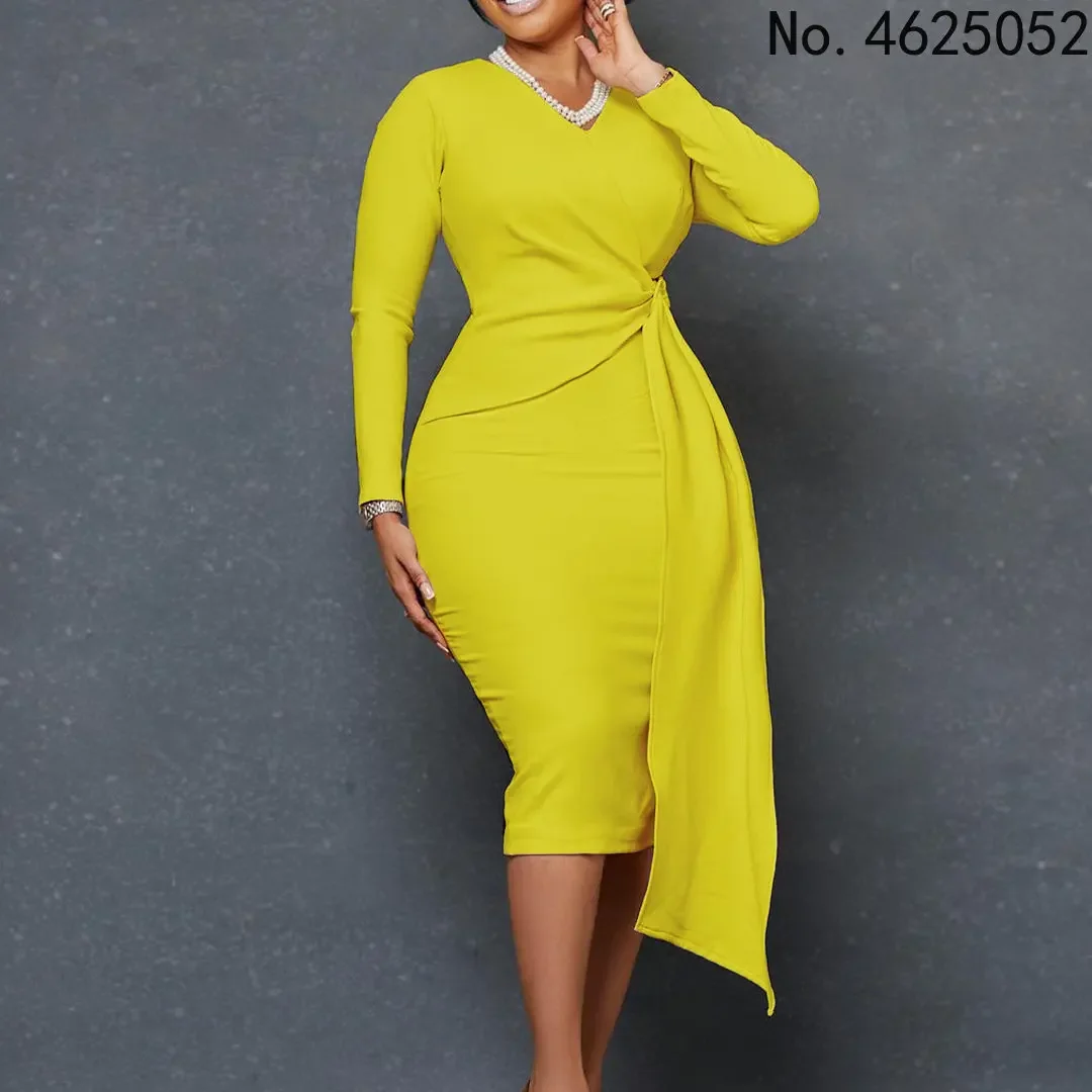 

2023 Spring Autumn African Women Long Sleeve V-neck Polyester Orange Yellow Beige Knee-length Dress African Dresses for Women