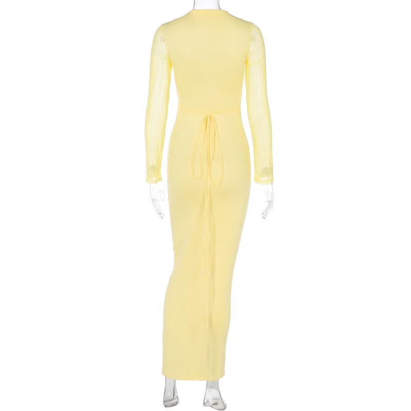Vestido largo de malla con encaje y aberturas - Elegante vestido de fiesta con escote en V y banda elástica