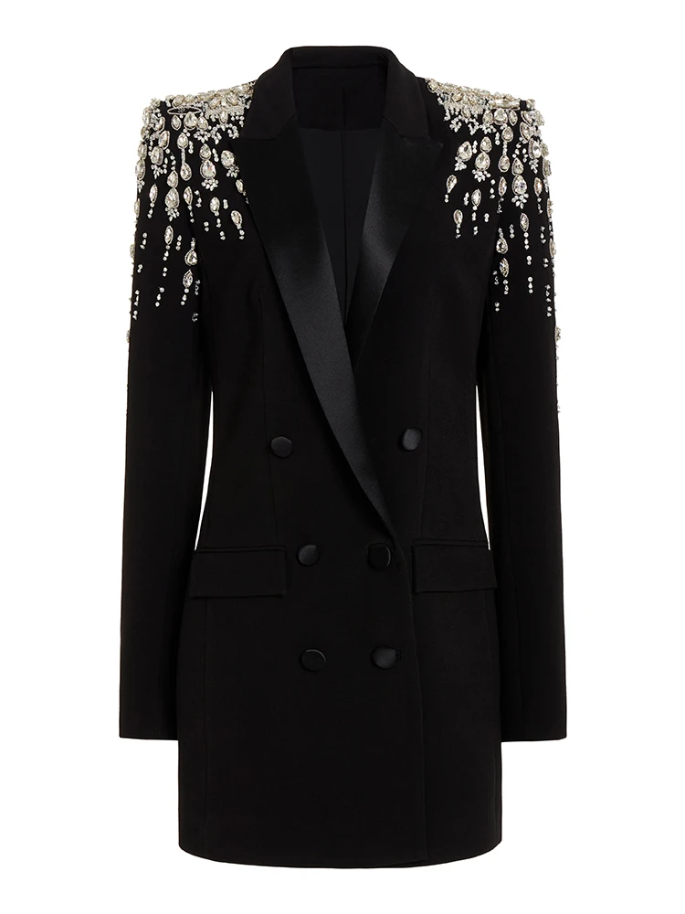 HIGH STREET New  2024 Designer Jacket Autumn Winter Fashion Women's Double Breasted Rhinestone Diamonds Beaded Long Blazer Dress
