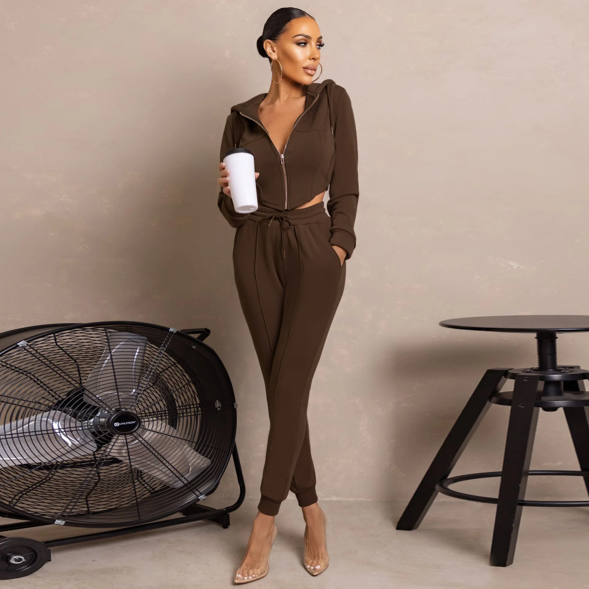 Women Autumn Winter Sweatshirt Set Short Zipper Hoodie Bodysuit Slim  Sweatpants Two Piece Set For Women