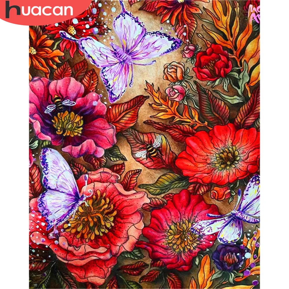 Huacan Painting By Number Red Flower Kits Drawing On Canvas Diy Picture