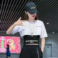 2024 Summer Women's Two Pieces Set Casual Korean Lady Loose Short White T-Shirt and Black Cargo Pants Outfits Tops Pants Suit - Image 2