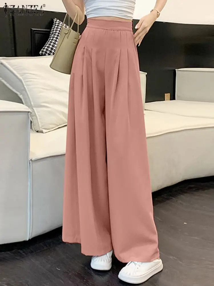 

ZANZEA Autumn Women Wide Leg Pants Elegant High Waist Solid Pantalon Trousers Causal Loose Work Holiday Palazzo Female Long Pant