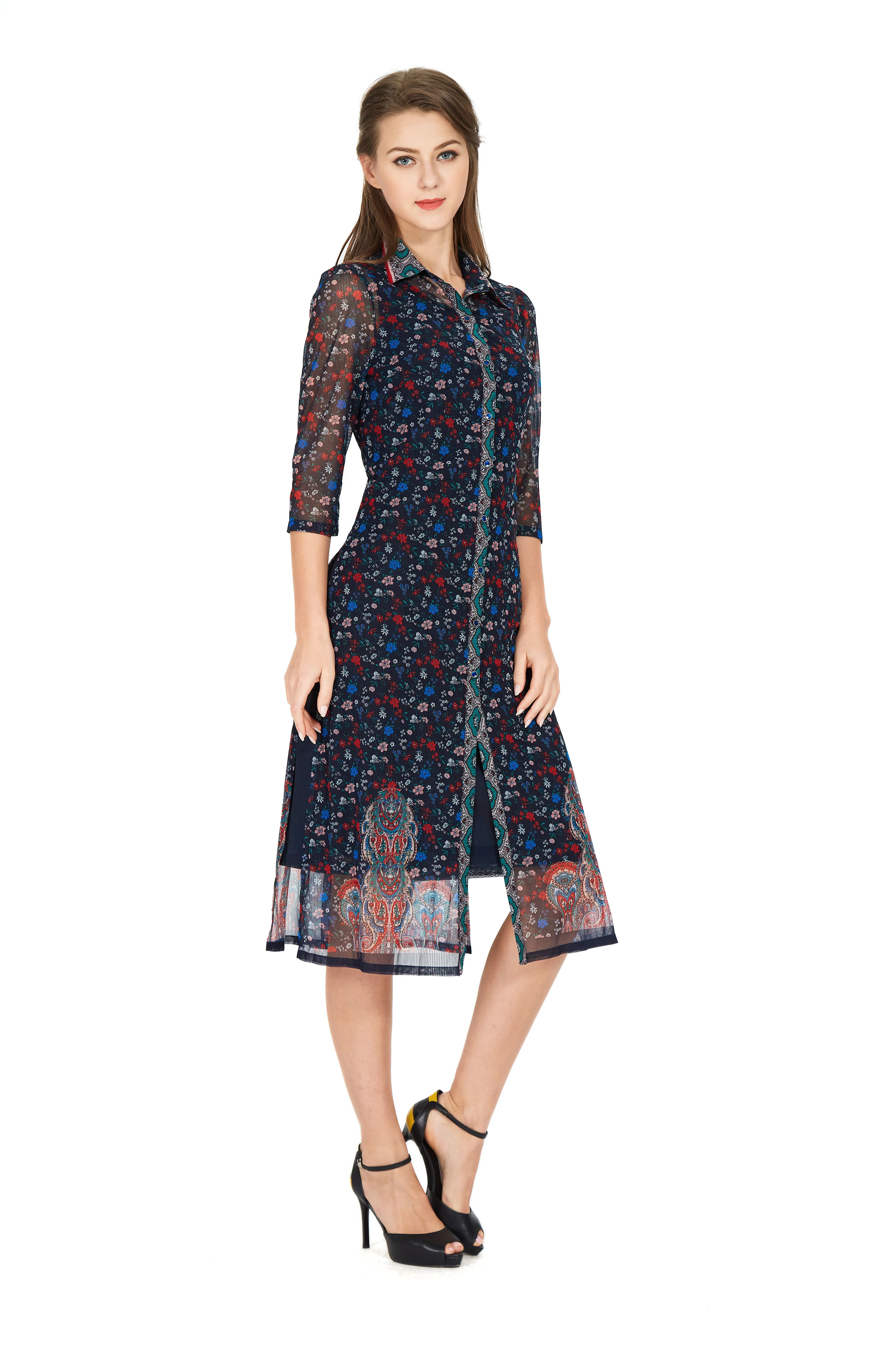 

Casual Luxury Elegant Smart Turn Down Collar Three Quarter Sleeves Myth Print Indiego Black Dresses for Women Summer Fall