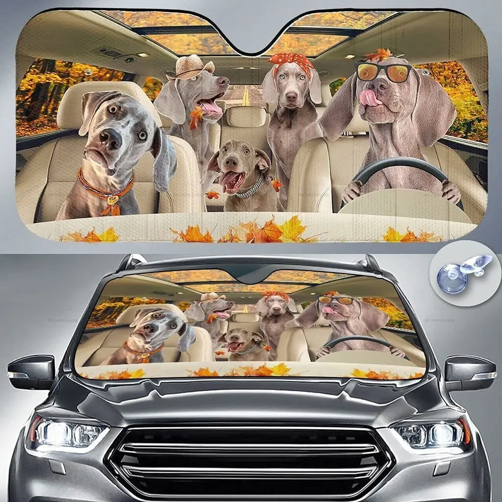 

Weimaraner Family Driving Autumn Leaves Car Sunshade Windshield Window, Gift for Weimaraner Mom Car Windshield Auto Visor