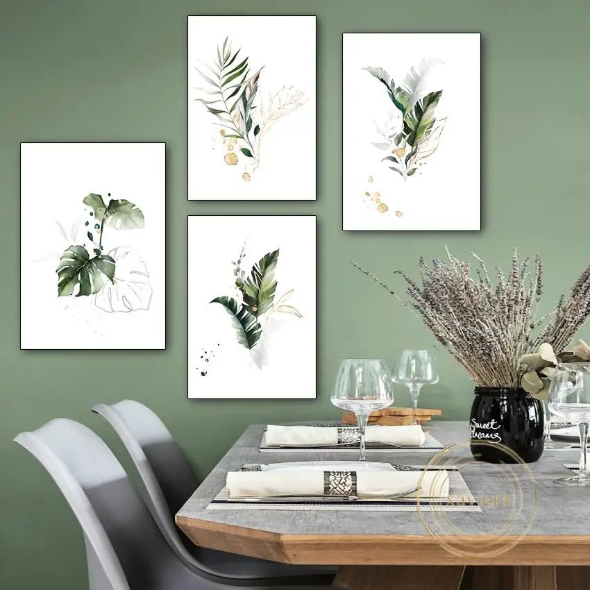 

Modern Watercolor Botanical Canvas Painting Minimalist Green Leaves Abstract Gold Luxury Picture Home Decor Living Room Kitchen