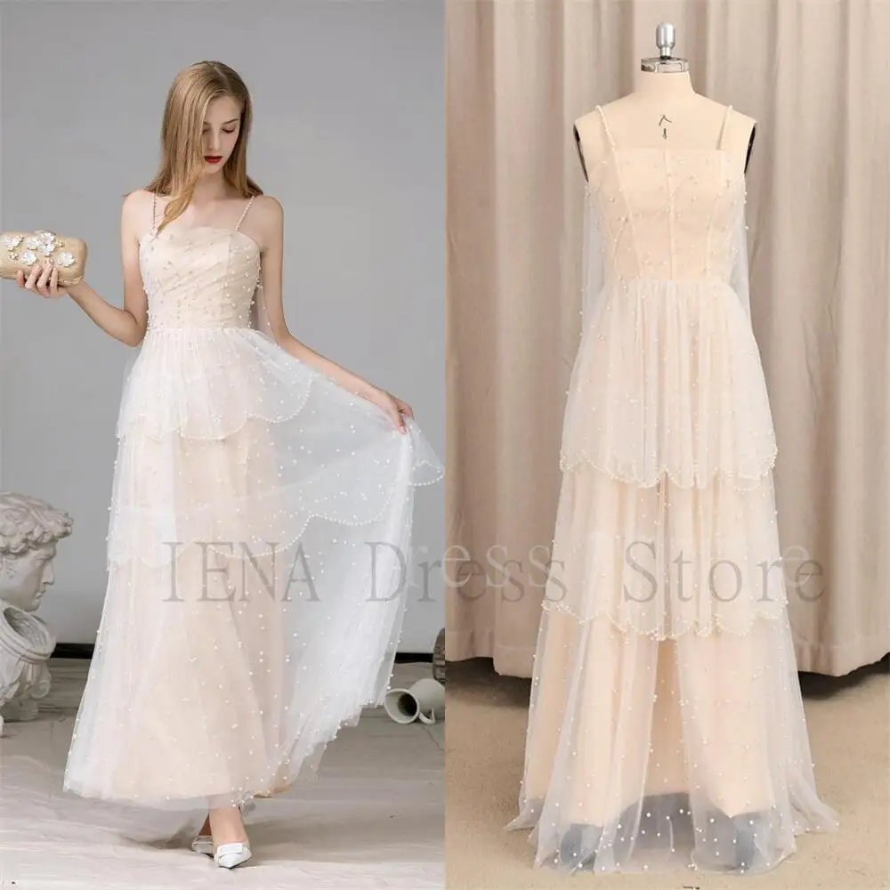 

966#IENA LOTS OF PEARLs!!! Ankle Length Tulle Champagne Bead Party Evening Dress Bridal Dress Formal Occasion Dress ODE ODM