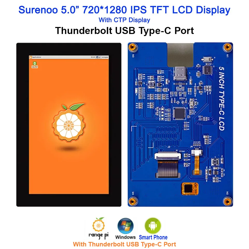 5.0 "720*1280 Thunderbolt Usb Type-C Ips Tft Iic Ctp Touch Panel Capacitivo Mipi Dsi Modulo Lcd Display Schermo Monitor