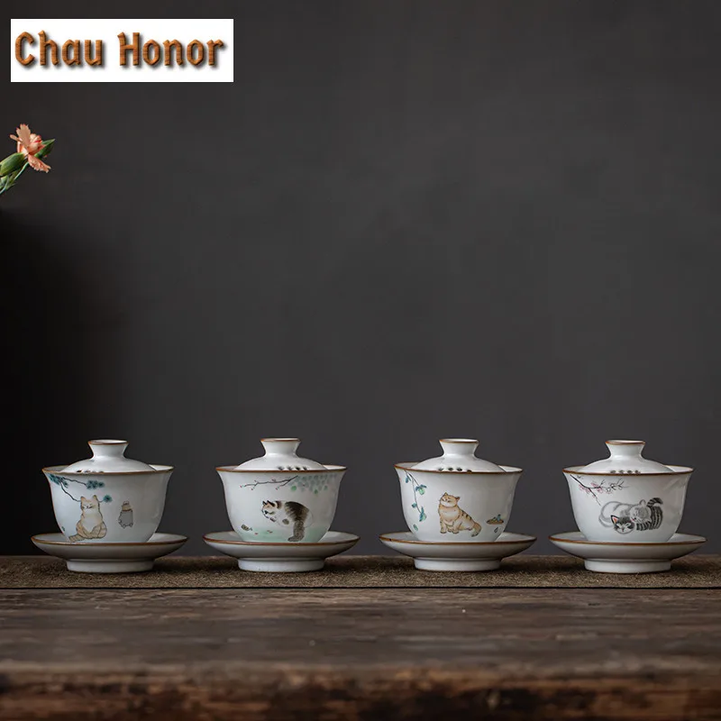 150ml Boutique Ru Kiln Art Porcelain Tea Tureen Ice Cracked Glaze Gaiwan Chinese Tea Brewing Filter Cover Bowl Kung Fu Tea Set