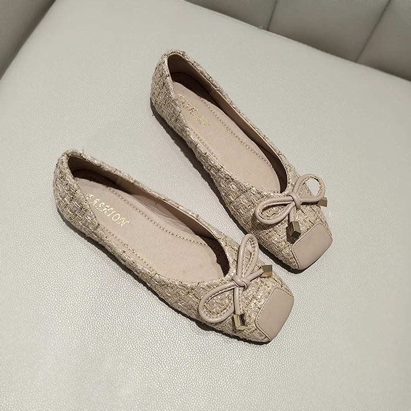 Womens Spring Shoes Grandma Square Head Bow Flat Shoes Comfortable