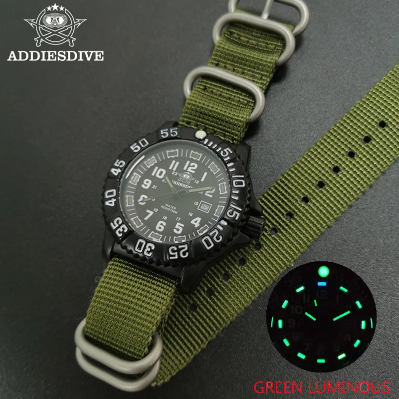 ADDIESDIVE Men's Waterproof Military-Style Sports Watch with Luminous Nylon Strap