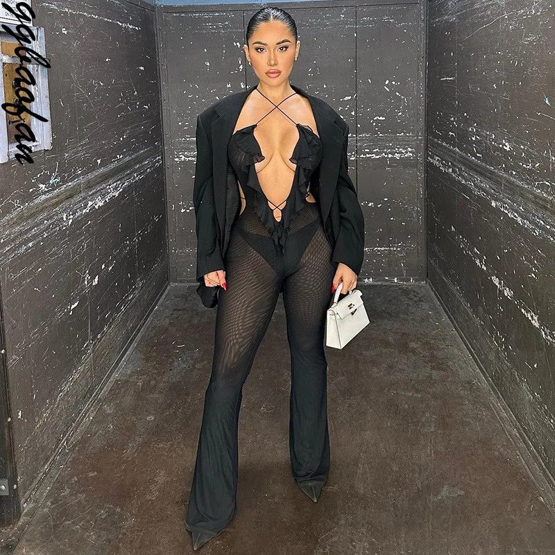 

Ggbaofan Sexy See Through Spaghetti Strap Mesh Ruffle Jumpsuits Women Cut Out Backless One Piece Rompers Autumn Birthday Outfit