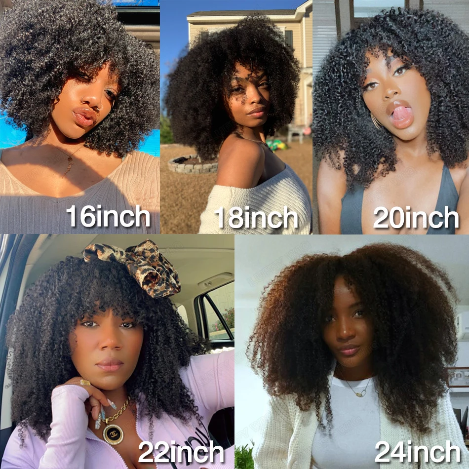 Short Afro Kinky Curly Wig with Bangs Human Hair Scalp Top Full Machine  Made Wig Remy Brazilian Afro Curly Wig Fringe 200Density