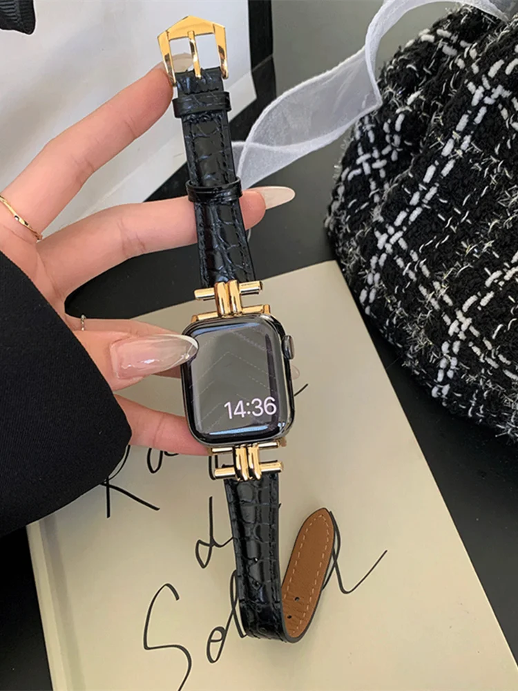 Luxury Gold Metal Real Leather Band For iWatch Series 8 7 6  display picture 1