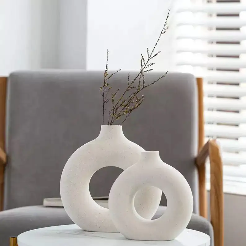 Neutral Home Accessories Circular Hollow Vase Nordic Ceramic Vase Minimal Home Decor Cream Donut Vase Boho Vase Neutral Home