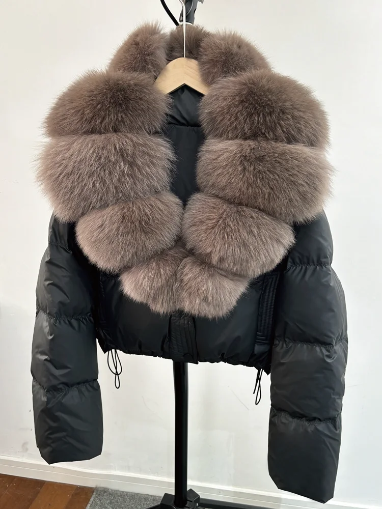 Janveny Large Natural Fox Fur Collar 90% White Duck Down Jacket Women Winter Short Waterproof PU Puffer Coat Female Thick Parkas 3