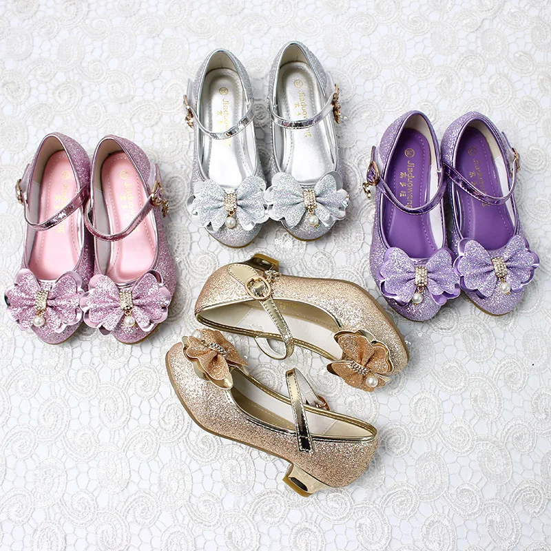 Girls Leather Princess Shoes with Sequins and Bowtie