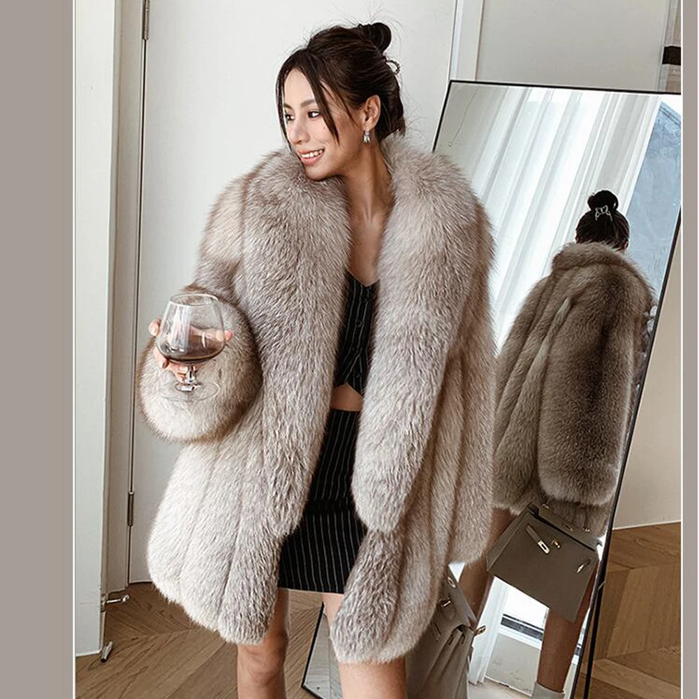 

Denny&Dora Women's Fox Fur Coat Elegant Long Coat Women Whole Skin Genuine Fox Fur Jackets With Fur Collar