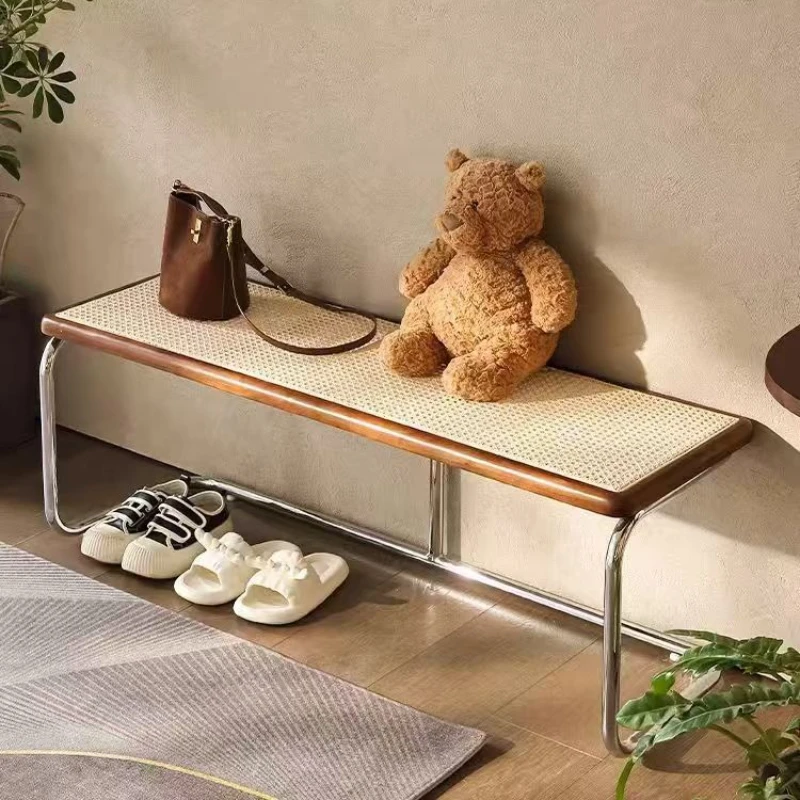 Solid Wood Rattan Bench French Vintage Long Dining Chair Entryway Shoe Bench Black End of Bed Stool Sofa Coffee Table Seating